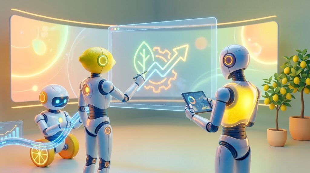 AI robots working together in a bright, tech-forward workspace symbolising ethical and sustainable AI for business growth.