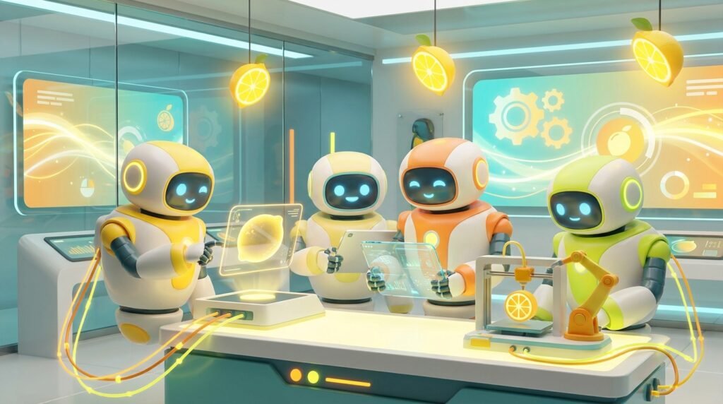 A team of friendly 3D AI robots collaborating in a bright, modern tech workspace with vibrant citrus accents, illustrating the guide to Demystifying-AI-Agents.