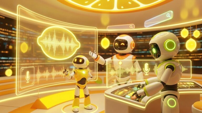 Three friendly 3D AI robots analyzing audio waves and collaborating on voice search optimization in a vibrant, tech-forward room with bright yellow lemon accents.