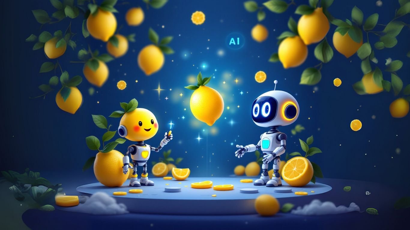 Two friendly robots surrounded by floating lemons in a magical setting, symbolising creativity and innovation, as they collaborate to build AI assistant technology
