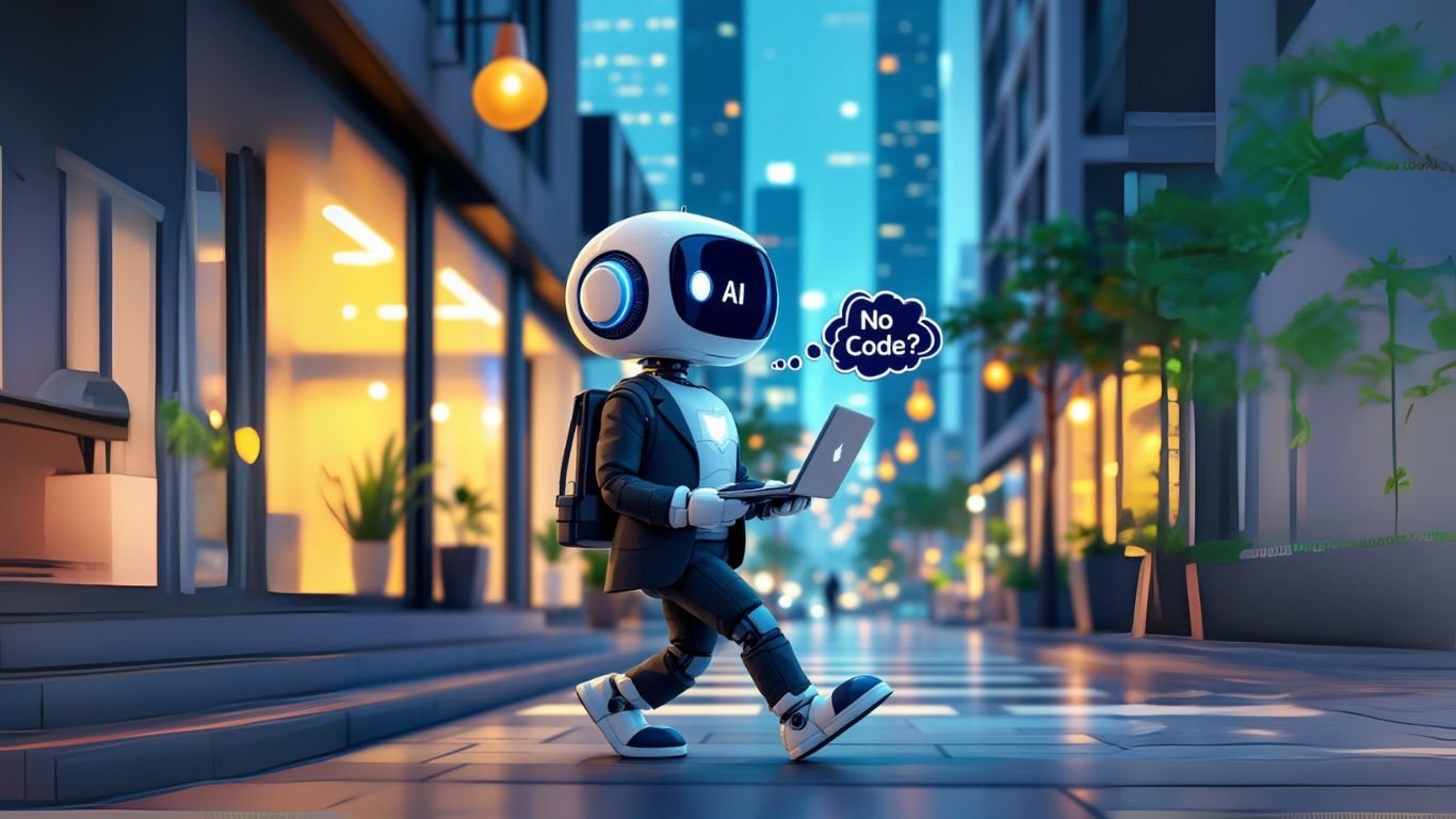 obot with laptop in city street thinking 'No Code?', representing the best AI tools for small business