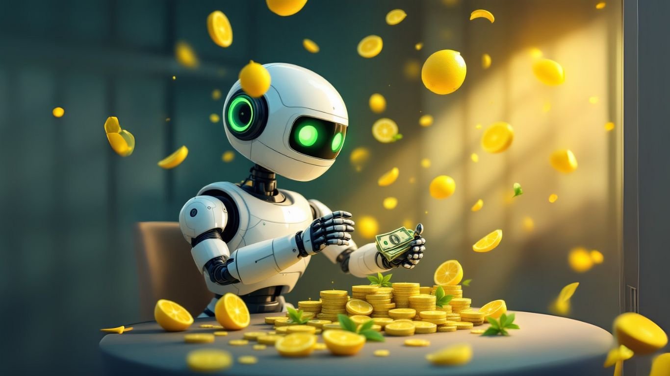 Futuristic robot sitting at a table surrounded by gold coins and dollar bills, symbolising strategies to monetize an AI assistant in a digital economy