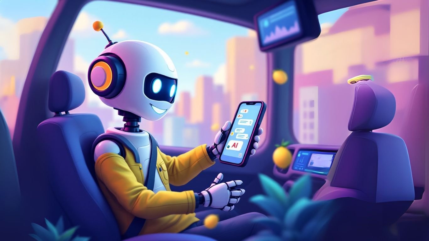 Friendly humanoid robot sitting in a modern car, using a smartphone with AI apps on the screen, illustrating the integration of AI in daily life through smart technology and personal assistants