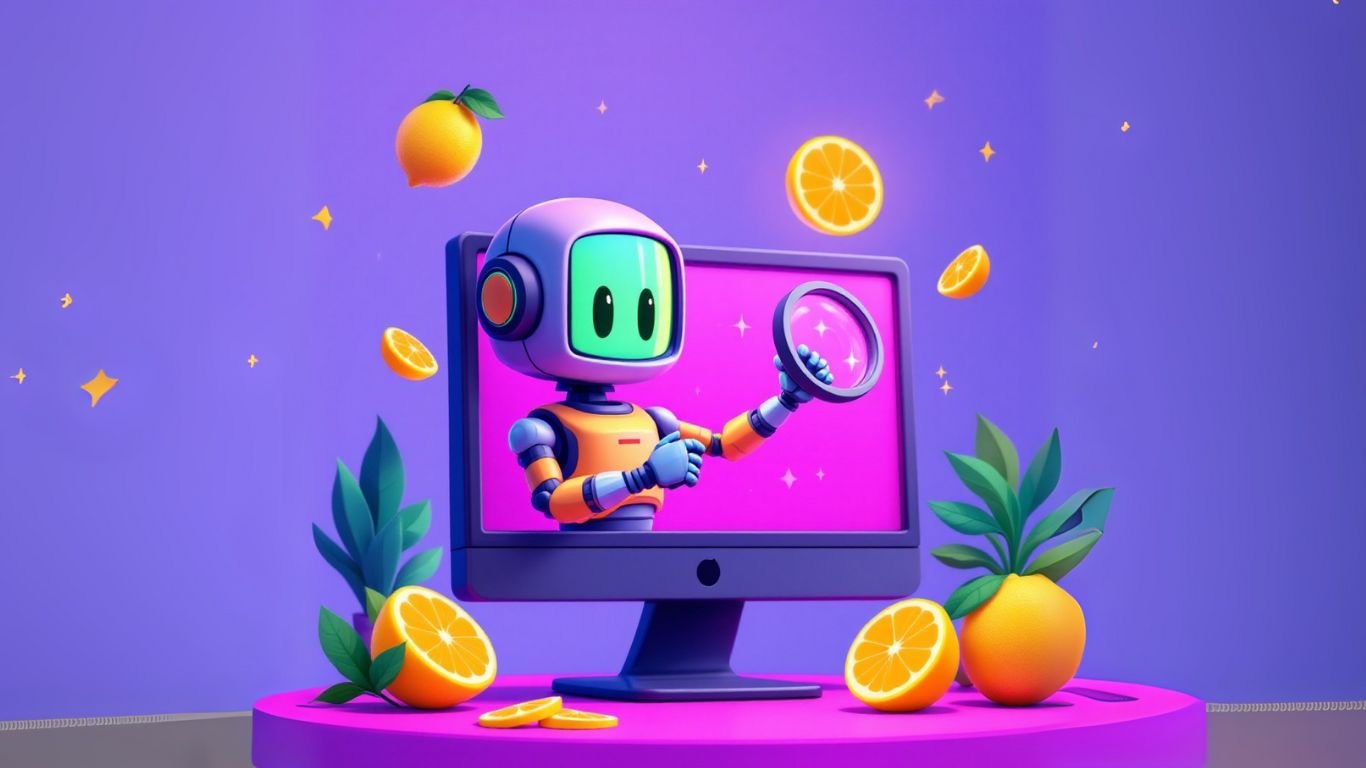 Cute robot with magnifying glass emerging from computer screen, symbolising AI lead generation amid floating citrus fruits and vibrant colours