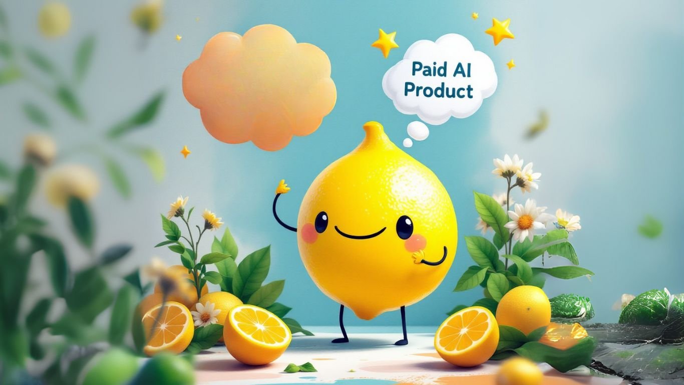 Cute, smiling lemon character surrounded by fresh lemons and daisies, pointing at a thought bubble that says "Paid AI Product", symbolising the idea to launch AI product in a fun and engaging way