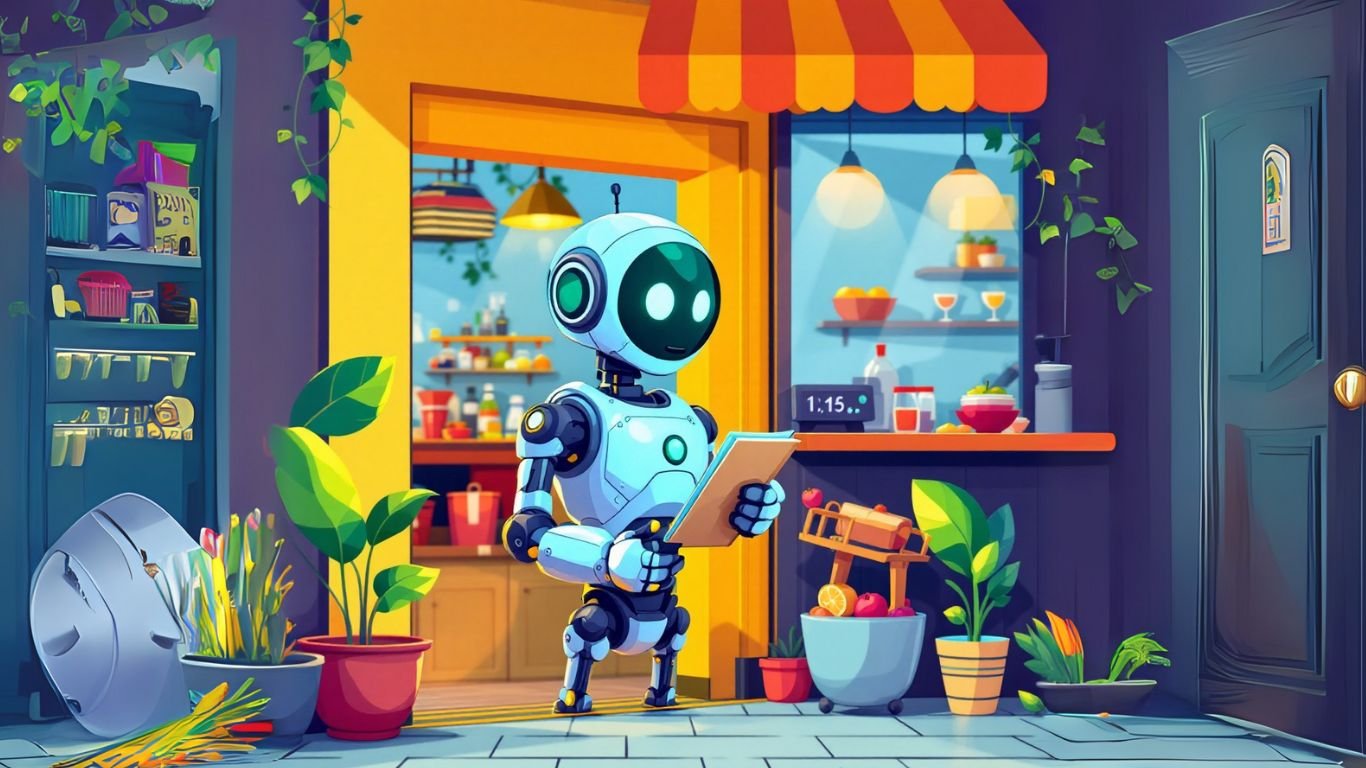 Robot with tablet outside a vibrant café, symbolising how AI helps streamline restaurant reservations and improve customer experience efficiently
