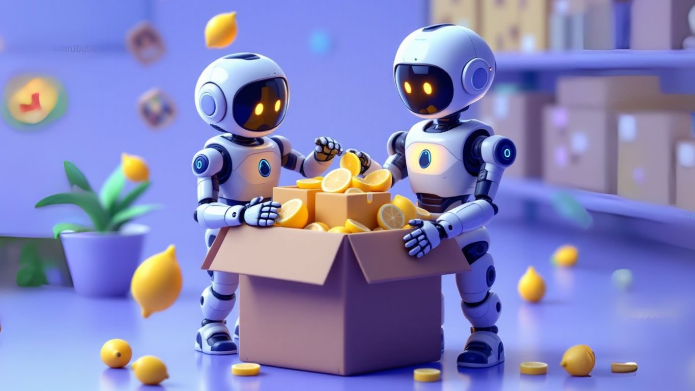 Two humanoid robots sorting lemons into a cardboard box in a warehouse setting, symbolising AI for inventory management and automated stock handling