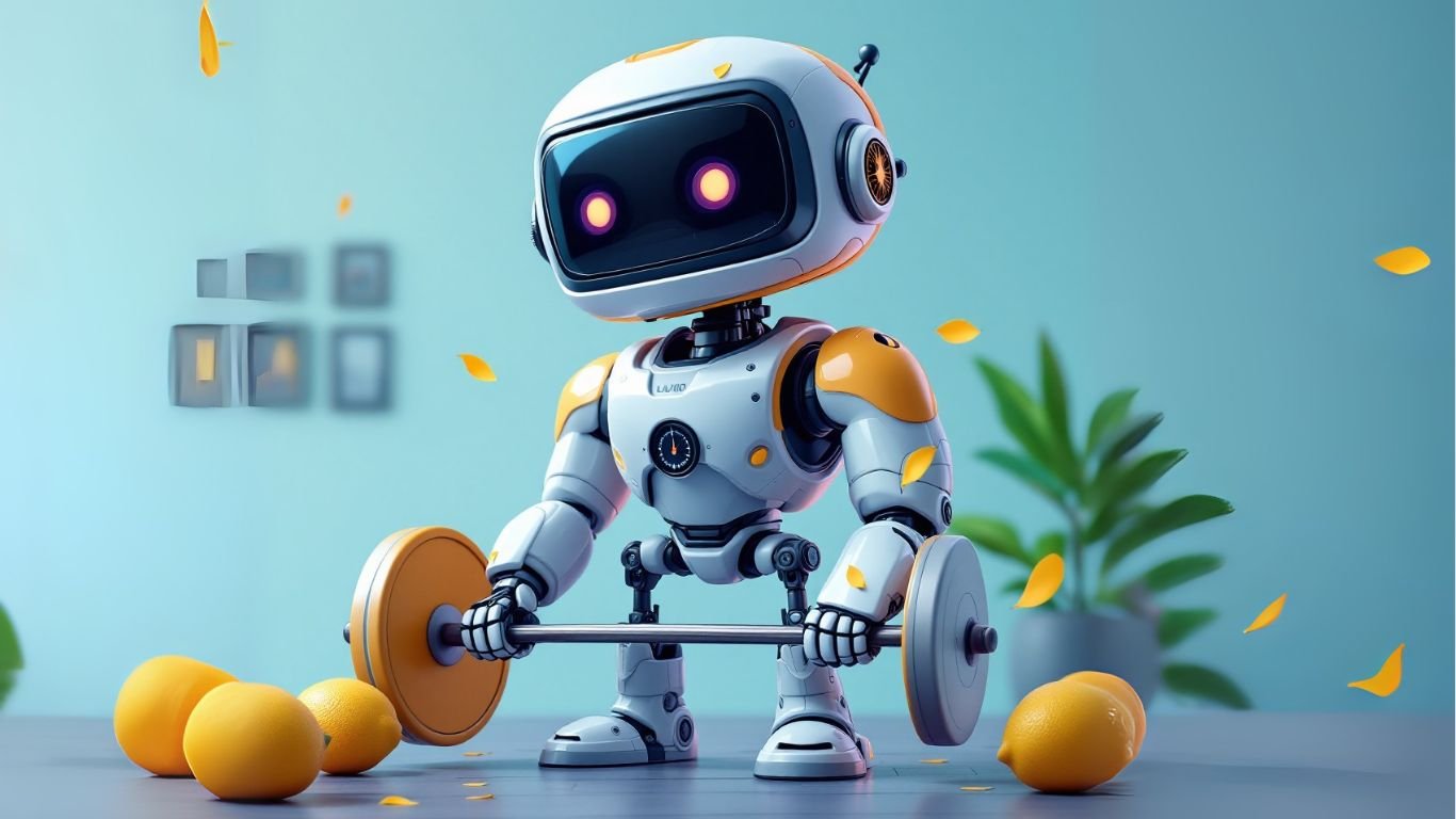 Cute robot lifting a barbell surrounded by lemons in a bright room, symbolising the concept of AI for personal trainers and its role in fitness coaching