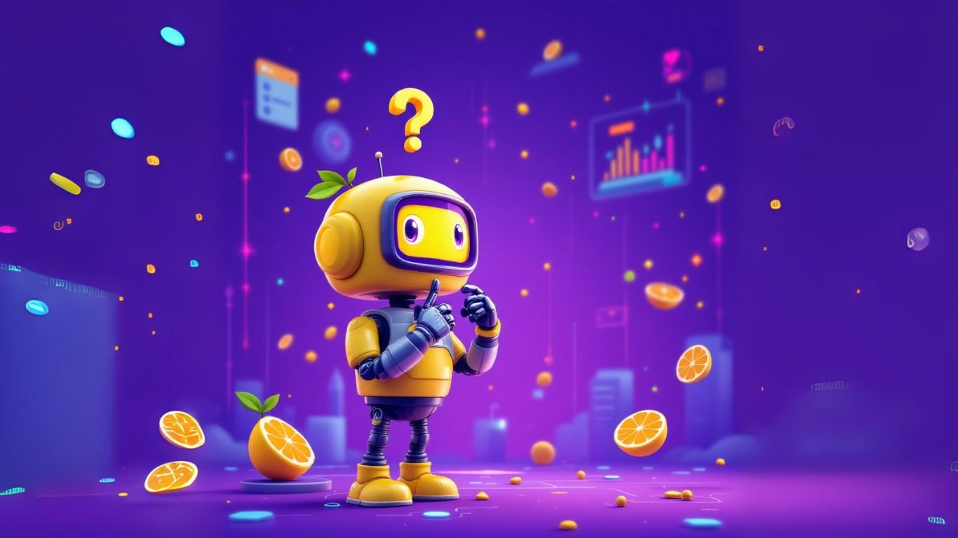Cute cartoon robot with floating data icons and oranges, representing AI for copywriters