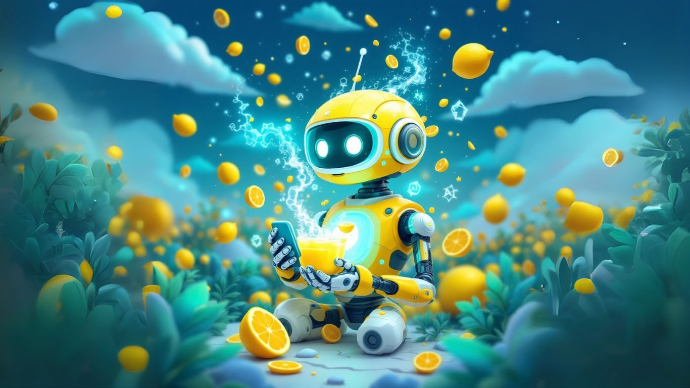 Yellow robot with glowing eyes holding a phone amid floating lemons, symbolising how to stay ahead in AI through tech and creativity