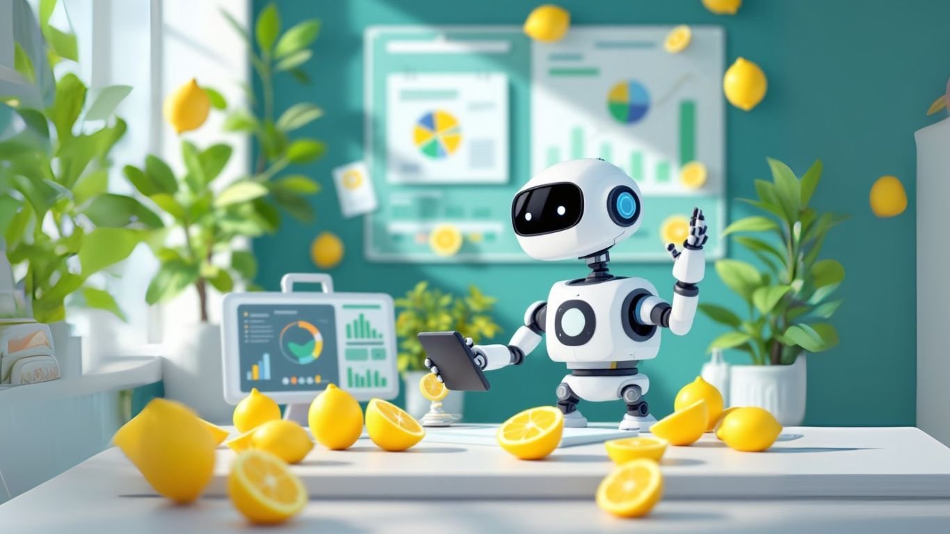 Robot with tablet surrounded by lemons and data charts, representing no-code AI simplifying finances, data analysis, and automation without writing code