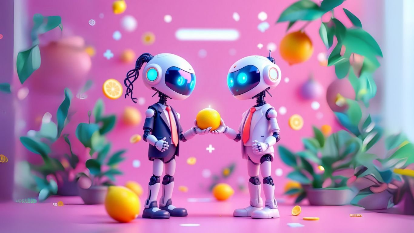 Two humanoid AI assistants exchanging an orange in a colourful, plant-filled, futuristic setting