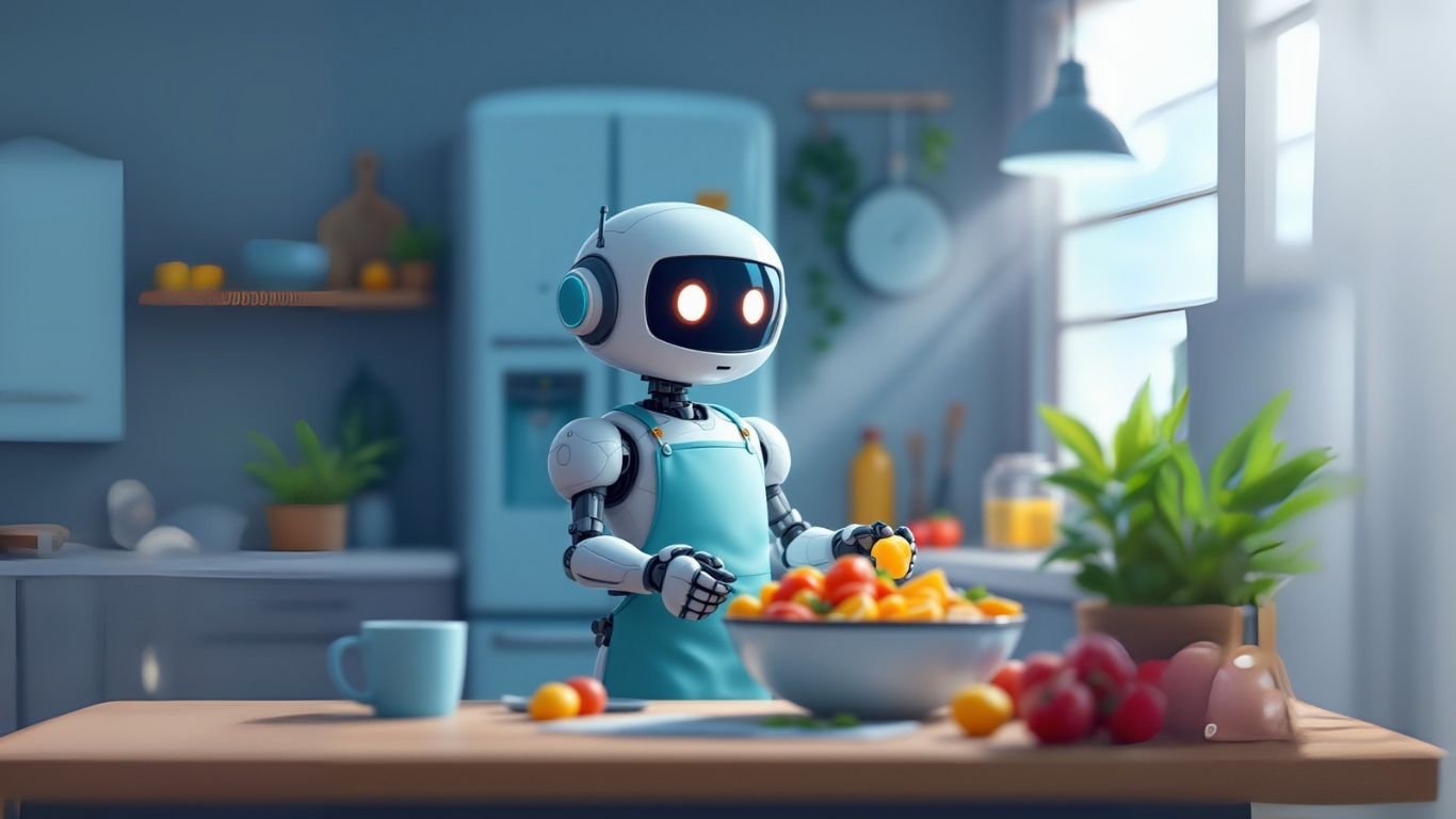 Friendly robot wearing an apron preparing a bowl of fresh fruit in a modern kitchen, representing an AI meal planner assisting with healthy food preparation