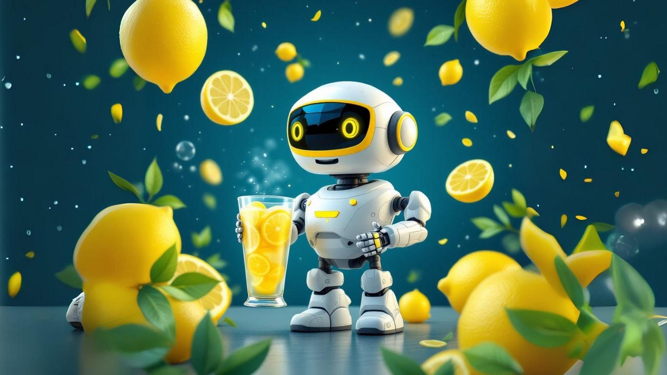 Cute white robot holding a glass of fresh lemonade with floating lemons and lemon slices, symbolising innovative and refreshing ways to sell niche AI tool