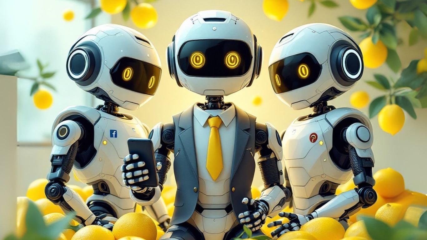 Three humanoid robots surrounded by lemons, with one robot in a business suit holding a smartphone, symbolising the concept of AI for growing business through technology and automation
