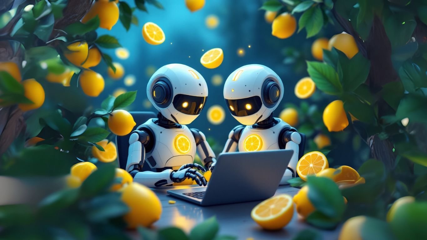 Robots typing on a laptop among lemons, visually representing AI for copywriters