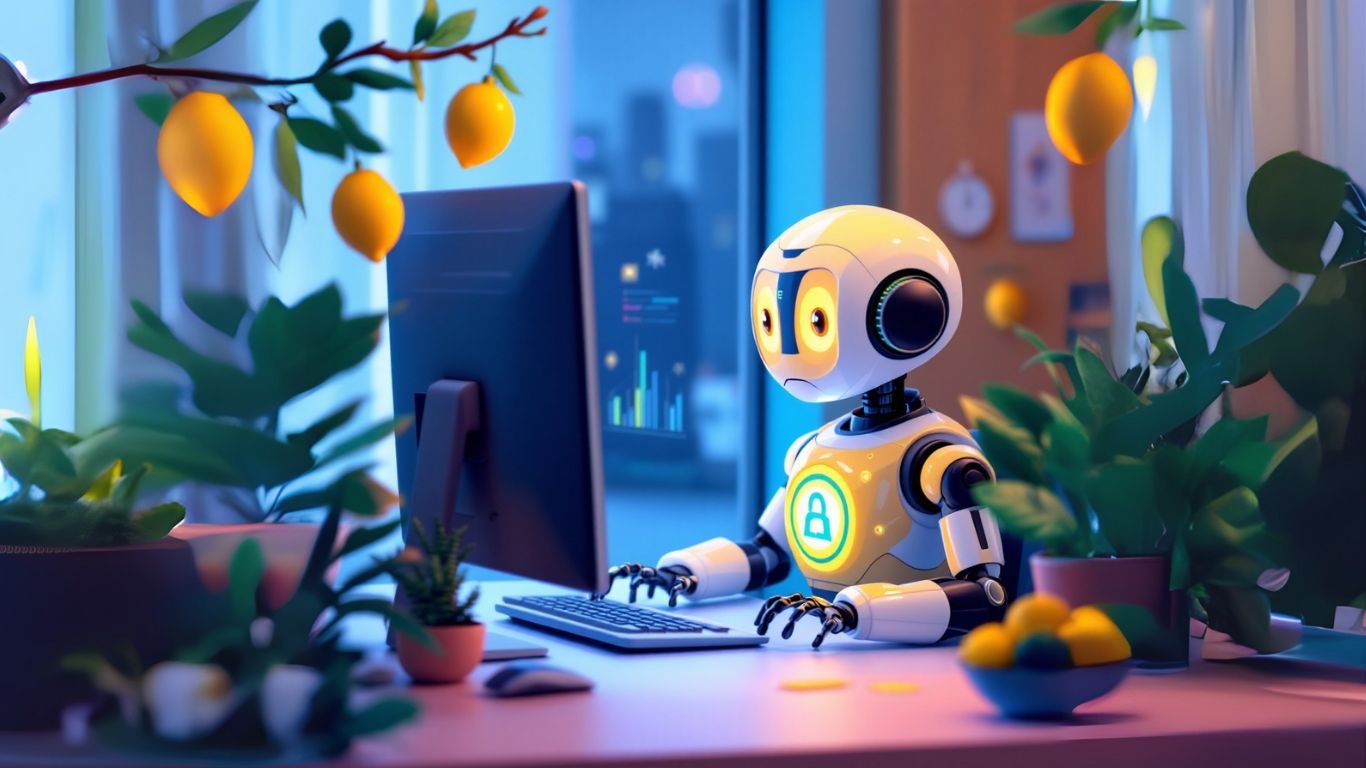 A focused AI agent robot works at a computer surrounded by green plants and lemons in a modern office, symbolising productivity and innovation