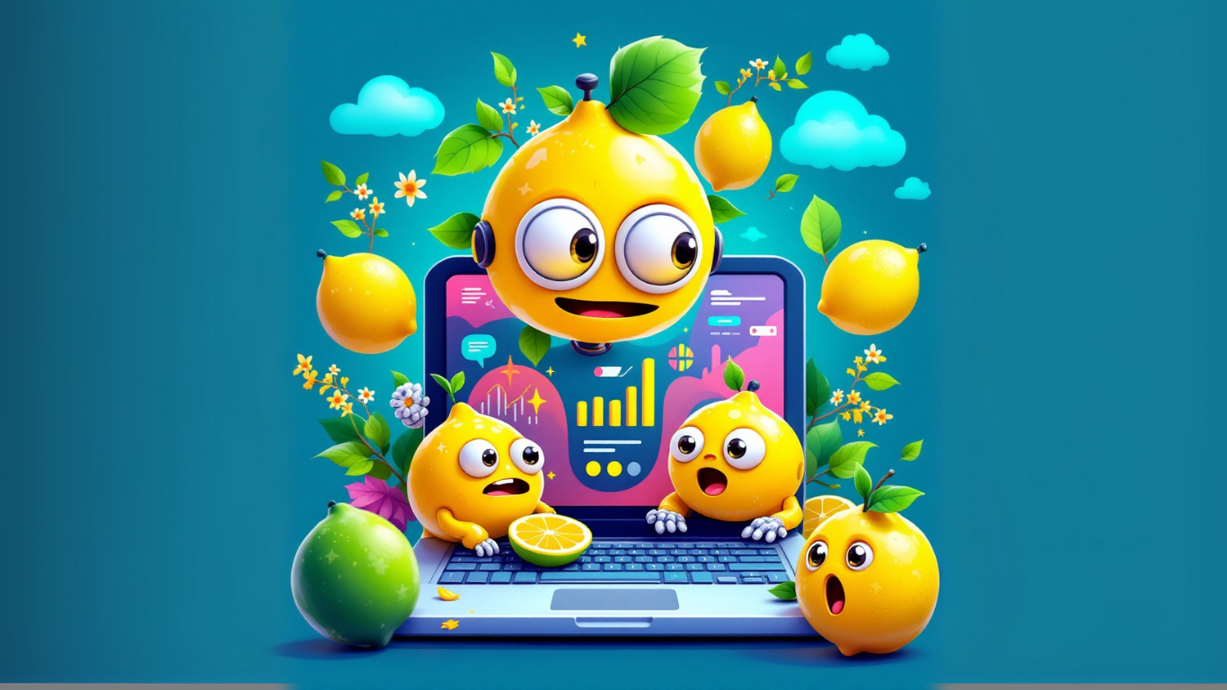 Playful illustration of animated lemon characters using a laptop displaying colourful analytics dashboards, symbolising the use of AI for marketing teams to enhance data-driven decision-making and creative collaboration
