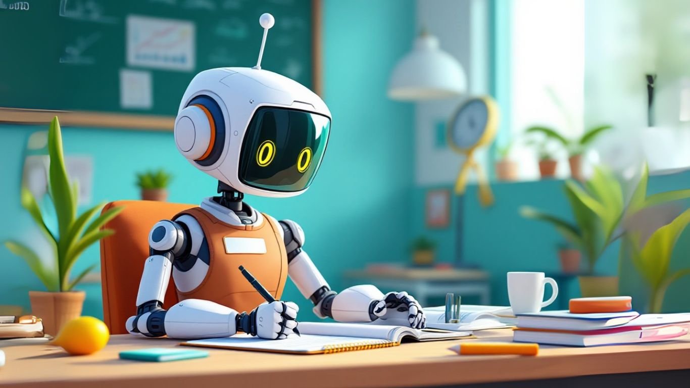 A friendly robot sitting at a teacher’s desk in a colourful classroom, writing in a planner illustrating the concept of AI for teachers in modern education