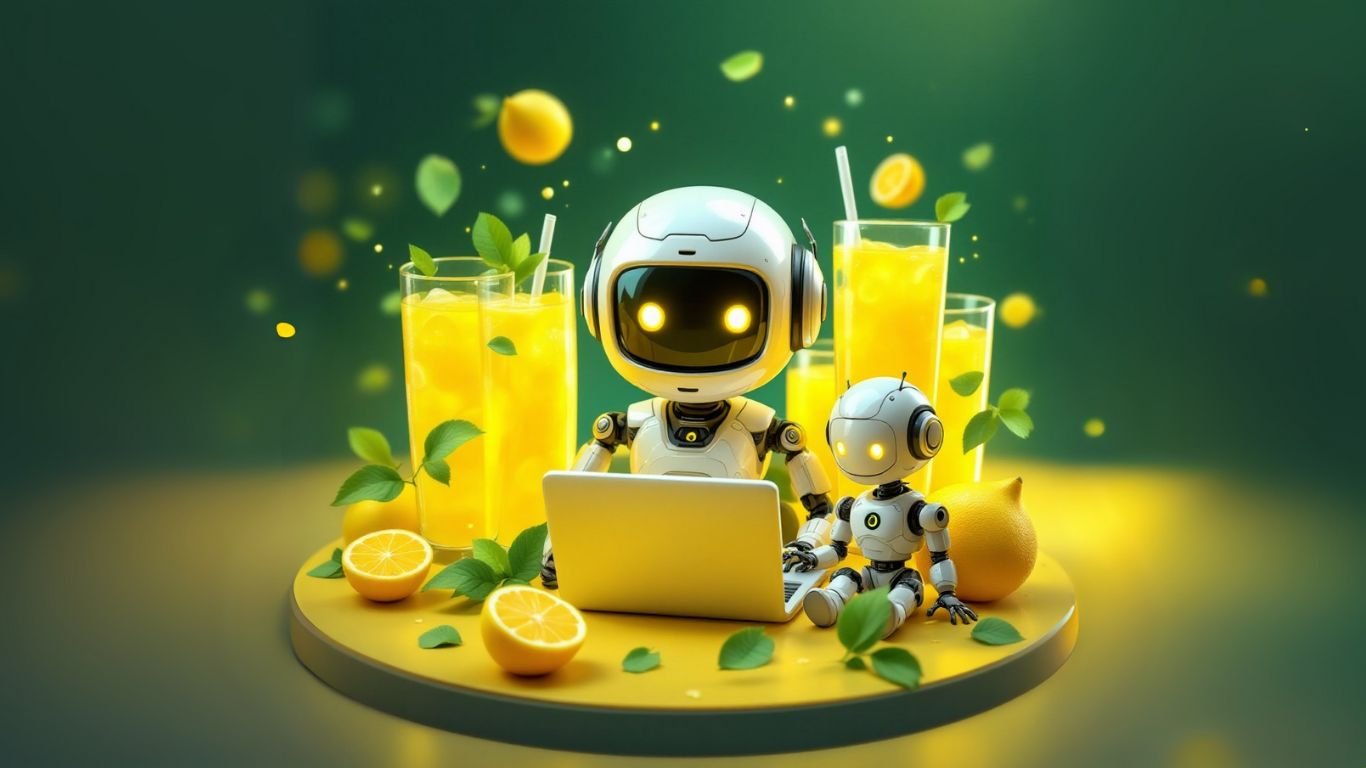 Collaborative team of AI robots in a modern tech space helping users Build ai for Build AI Assistant Tools Without Tech Skills.