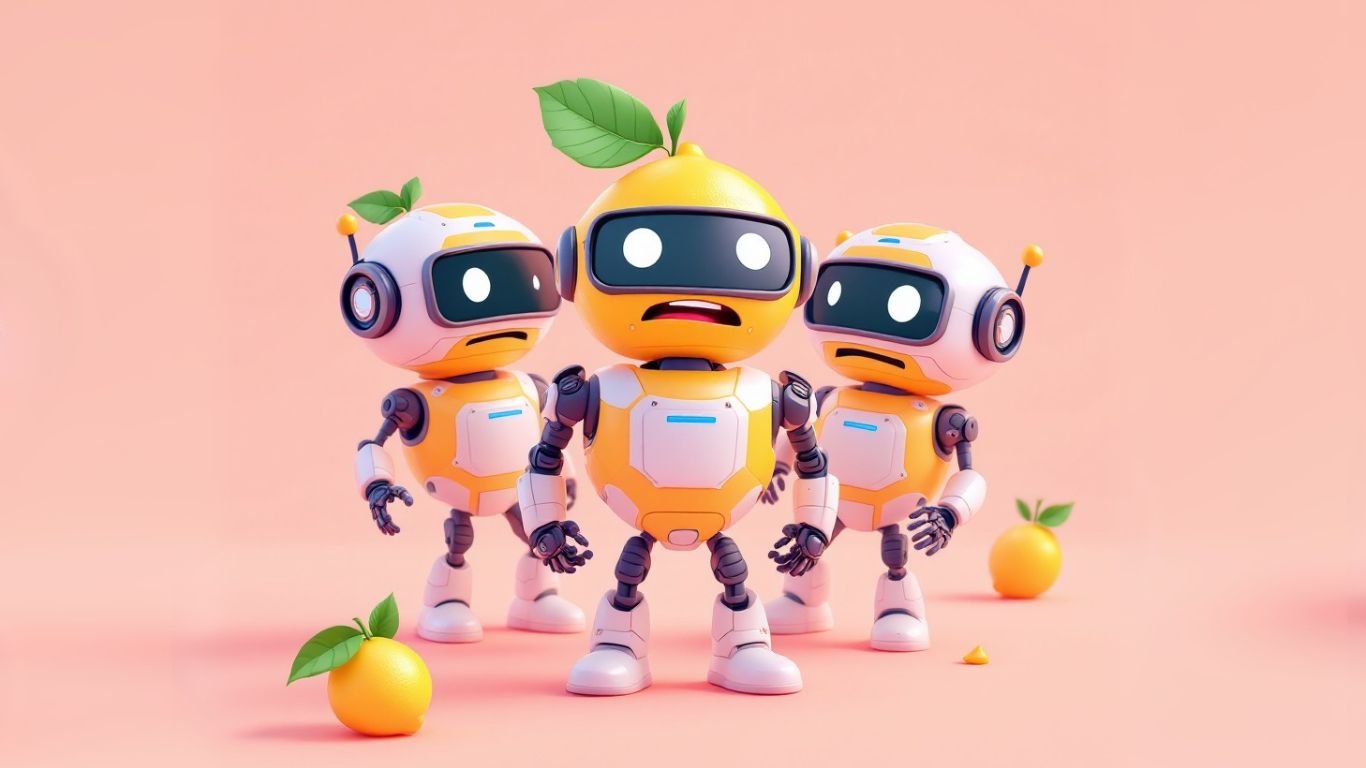Three cartoon robots with puzzled faces and citrus fruits on their heads, symbolising first-time AI mistakes