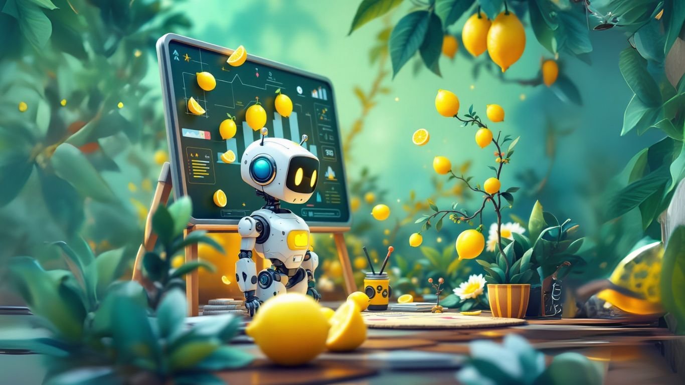 AI robot in a digital garden with data screen and lemons, symbolising the concept of AI chatbot vs GPT in a creative, futuristic setting