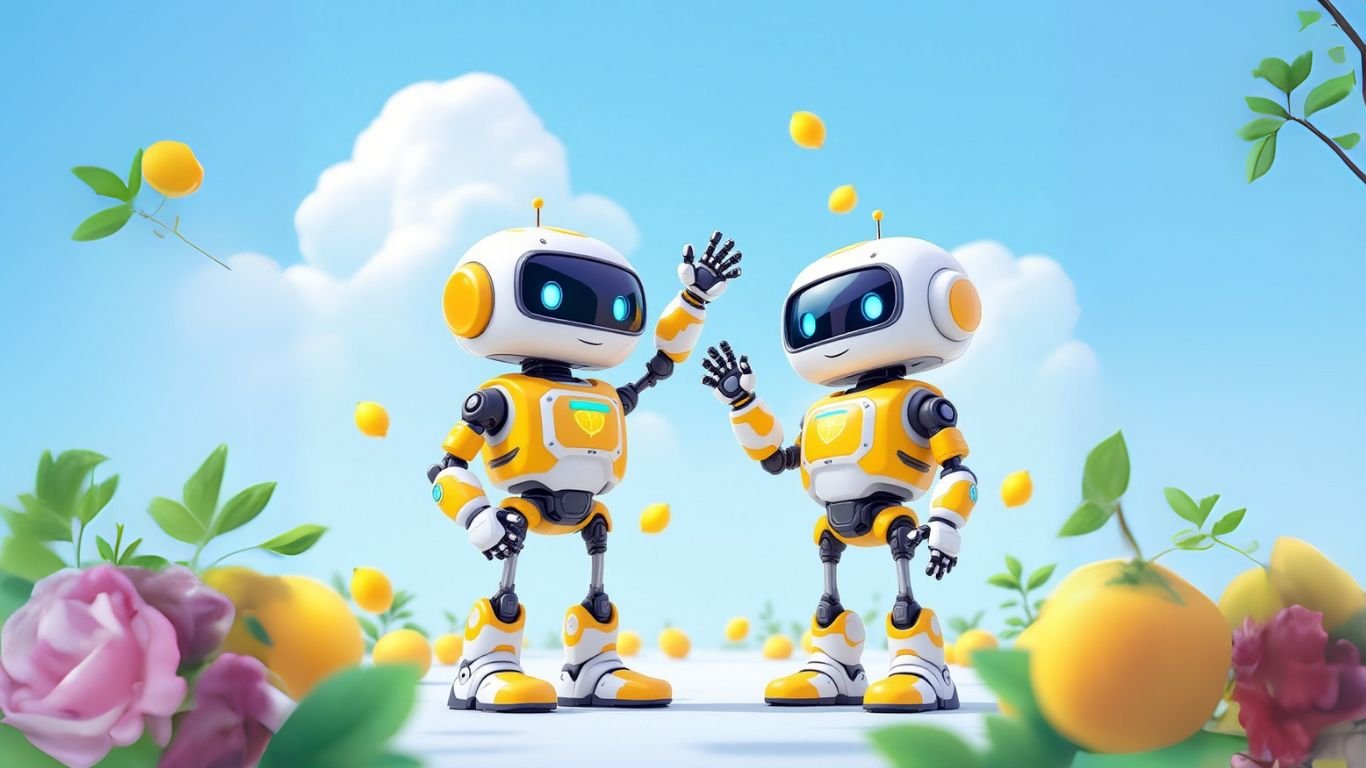 Two cheerful yellow-and-white robots high-five amid floating lemons and blue skies, symbolising innovation and collaboration for LaunchLemonade