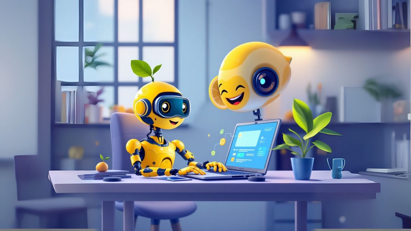 Playful AI robots working together on a laptop in a modern home office, representing AI for freelancers and how smart assistants can help sell freelance services