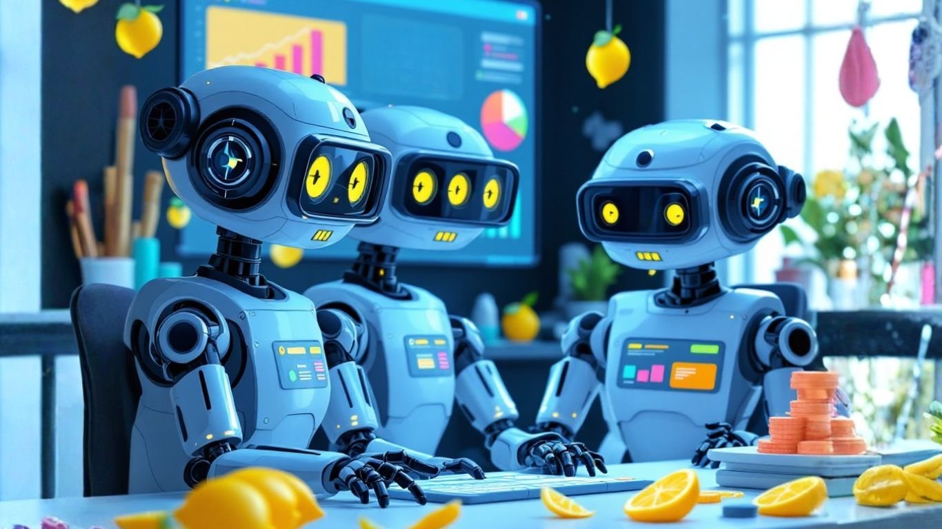 AI assistants collaborate at a desk using different AI features, symbolising how AI boosts efficiency across departments