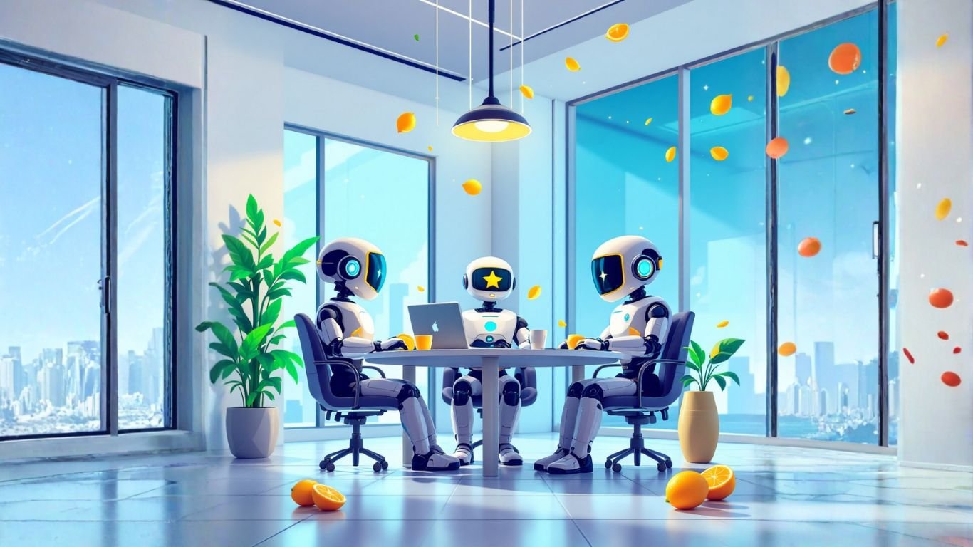 Three AI assistants collaborate in a modern office with city views, symbolising how AI drives enterprise efficiency and digital transformation