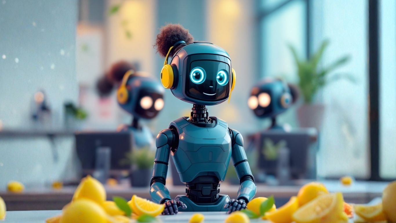 Smiling AI robot with yellow headphones surrounded by lemons, symbolising LaunchLemonade’s global no-code AI innovation with Bubble and Anthropic