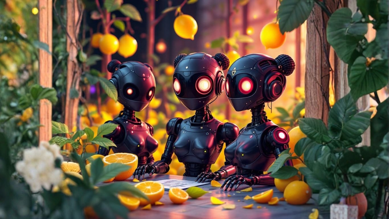 Three robots collaborate in a bright lemon garden, symbolising teamwork and a shared AI brain enhancing collective intelligence