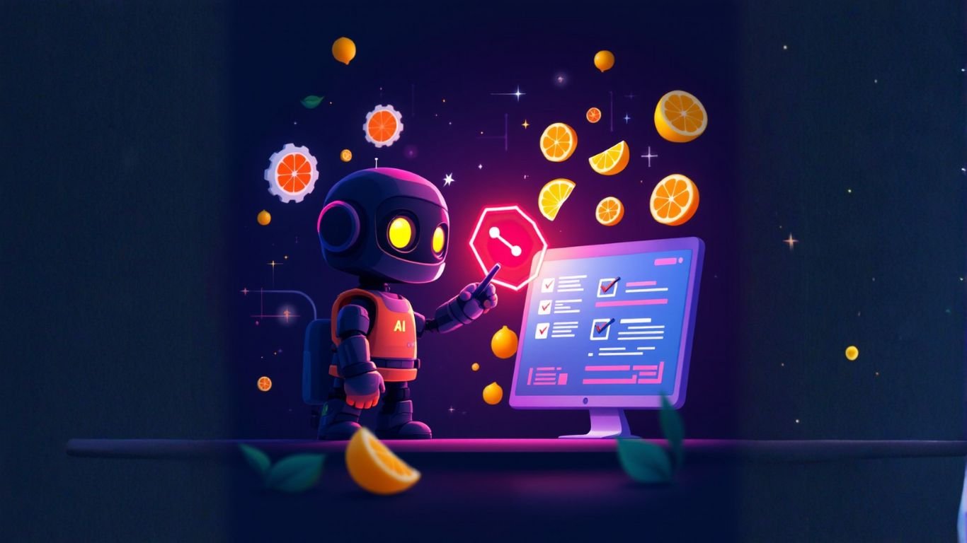 Robot debugs a no-code AI bot on a screen with checklists and code, symbolising solutions and steps for debugging no-code AI bots in a playful way