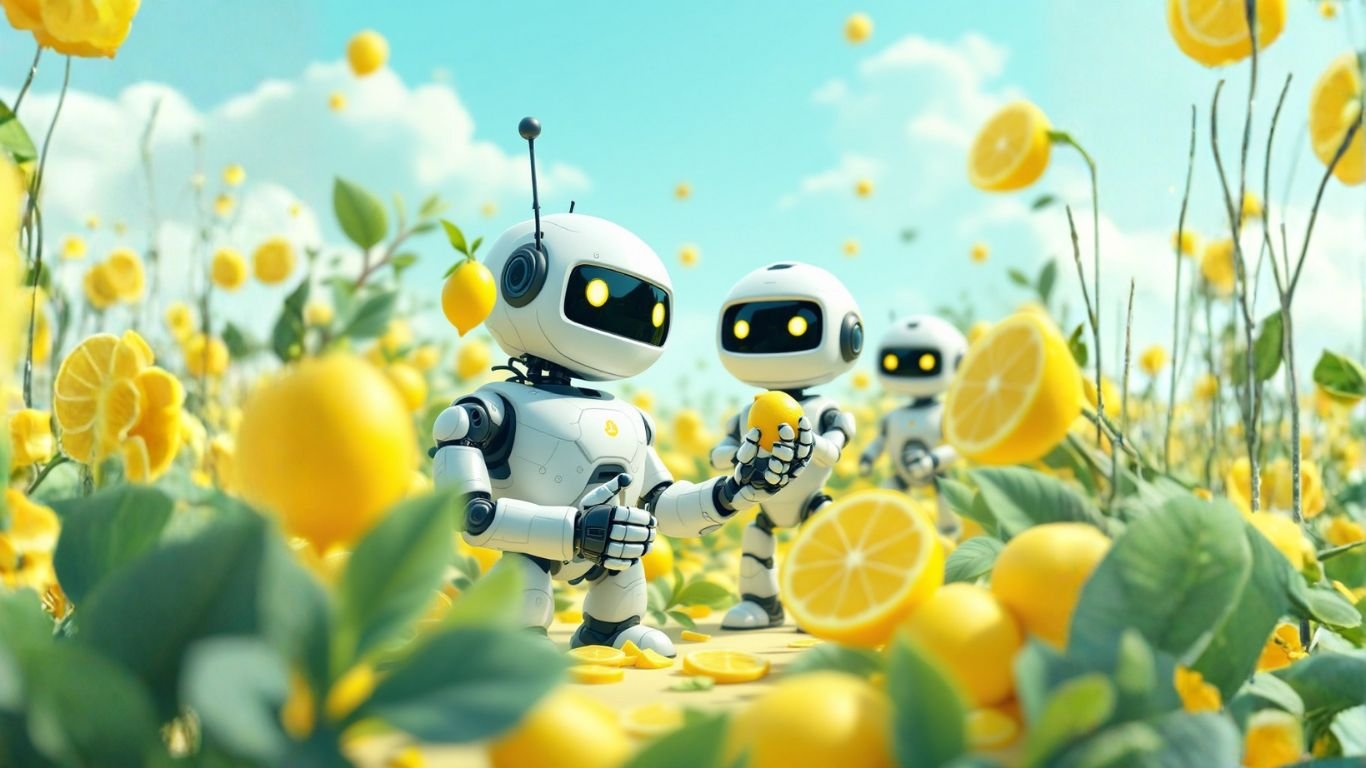 Robots in a vibrant lemon field symbolise developers crafting solutions based on real user needs, blending technology with human-centred design