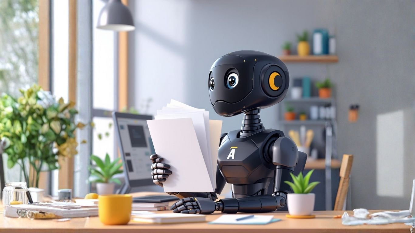 A friendly AI robot reviewing resumes in a modern office, symbolising how AI is automating HR recruitment and onboarding processes efficiently