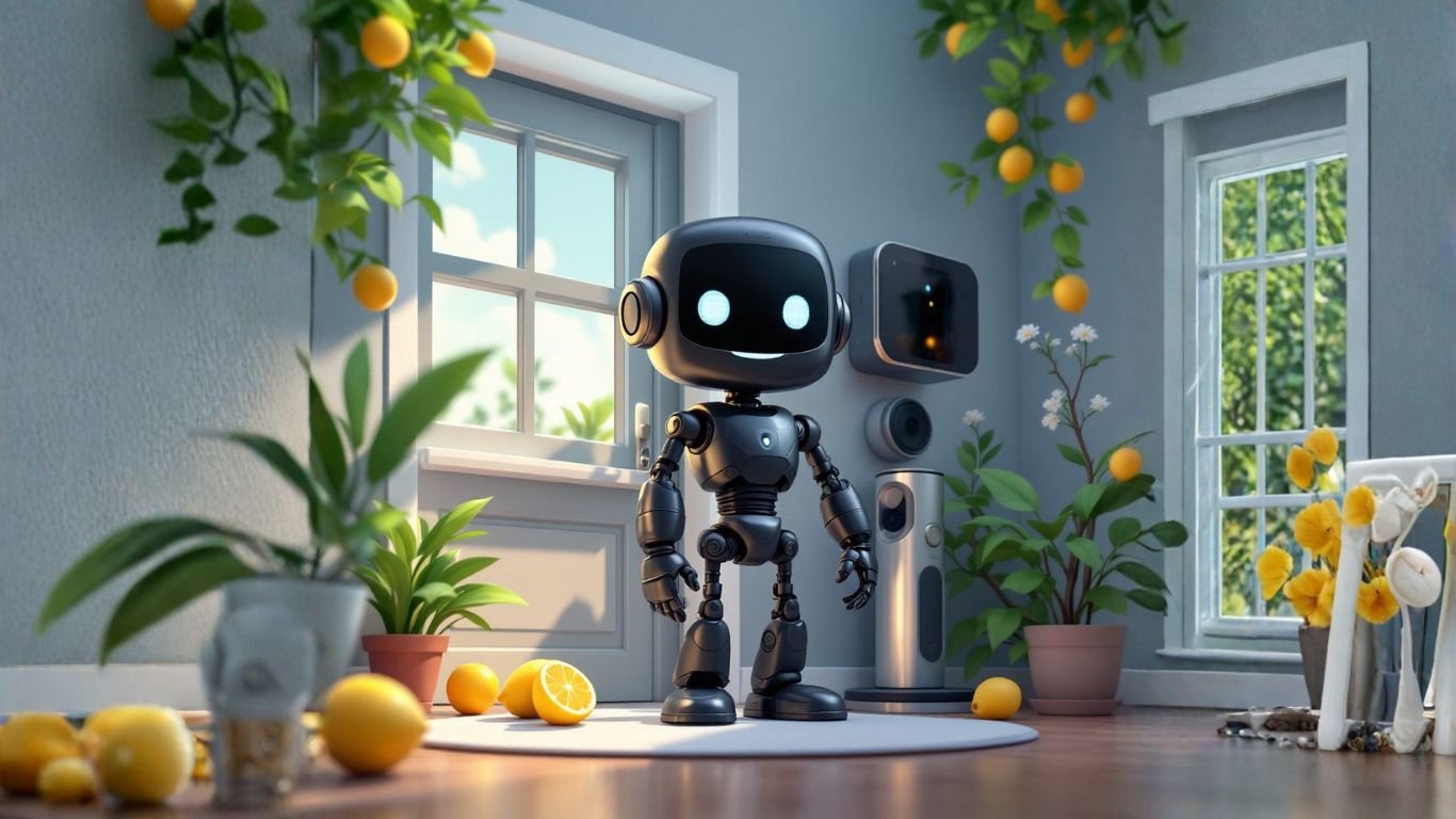 A friendly AI robot stands in a bright, modern smart home, representing AI for home automation that frees time for entrepreneurs to focus on business