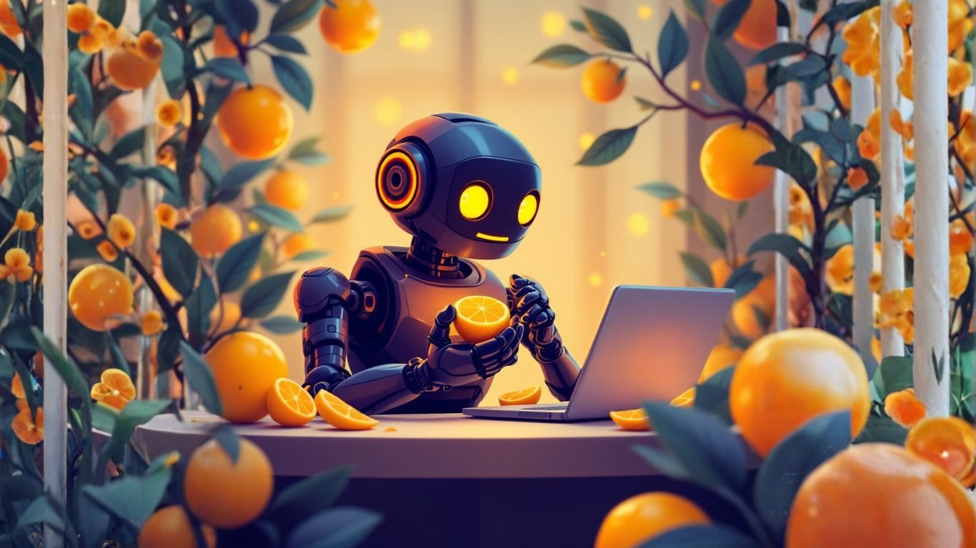 A friendly robot representing human AI collaboration working in a laptop