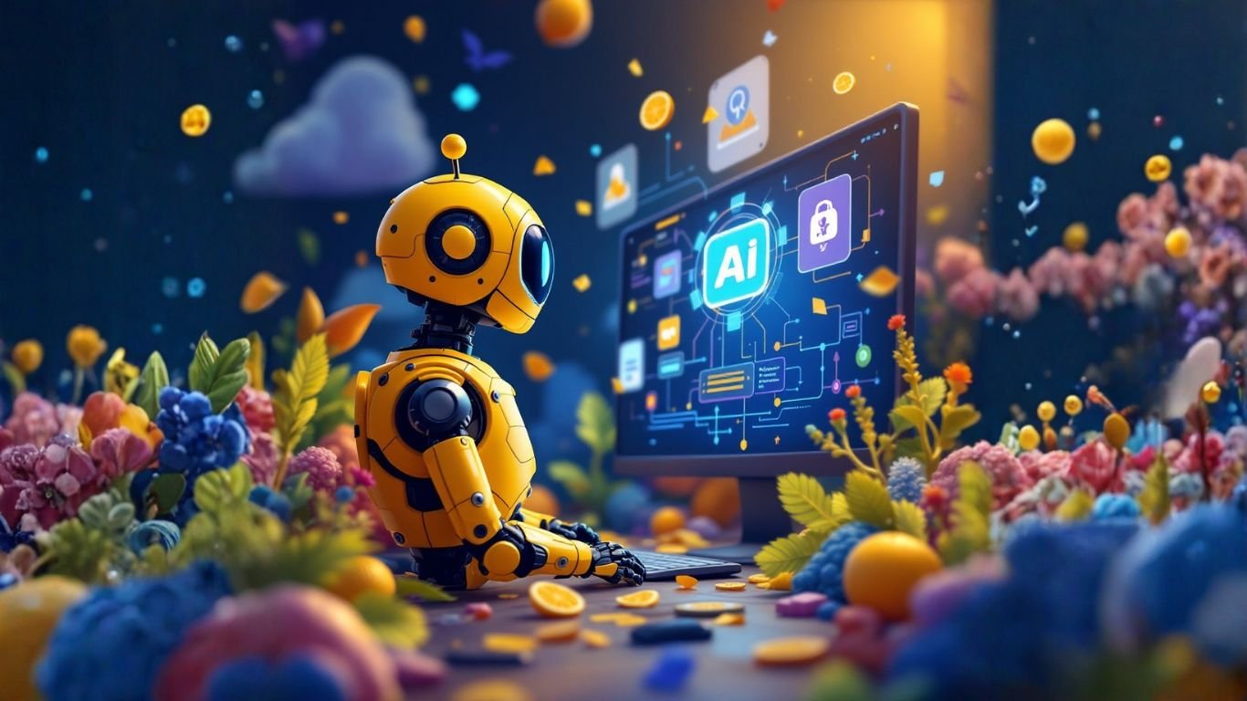 A robot sits in front of a screen displaying connected AI tools, symbolising workflow automation through smart API integrations in a digital workspace