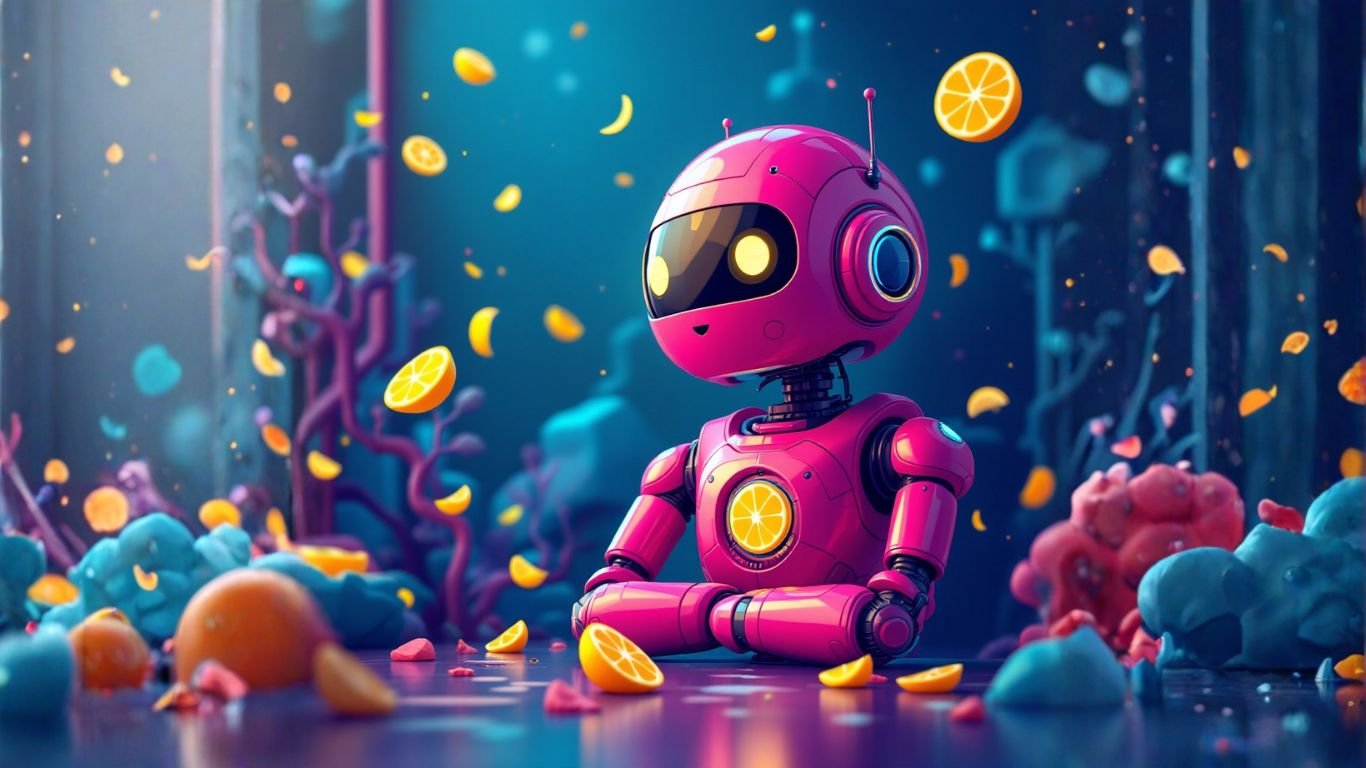 A vibrant pink robot surrounded by citrus slices and abstract elements, representing creative thinking on AI impact and evaluating the effect of AI tools