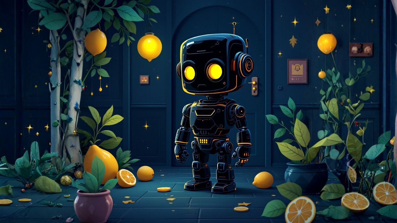 A trustworthy AI agent with glowing eyes stands in a lemon-filled room, symbolising reliability, intelligence, and ethical AI design in a warm setting