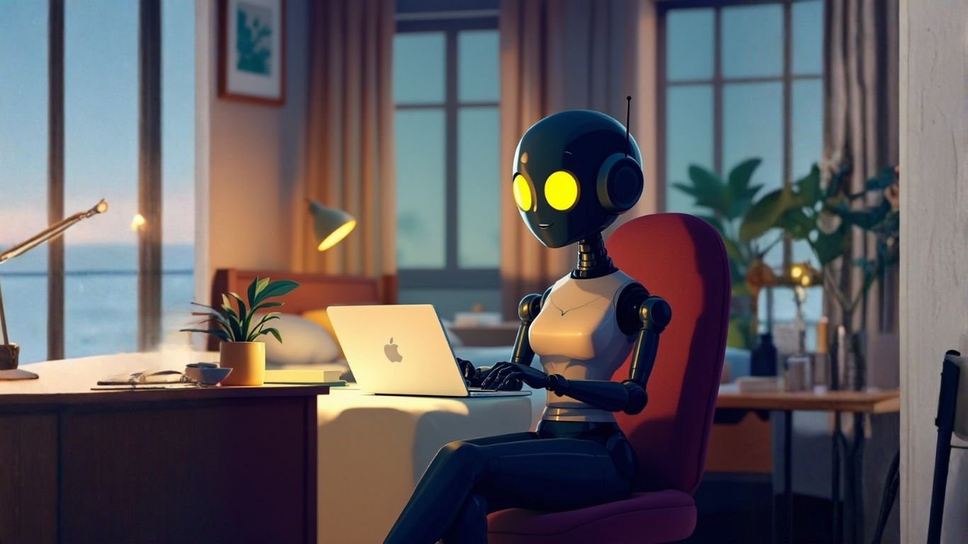 A futuristic AI assistant responsive robot works on her laptop, using AI tools to enhance productivity in a warm, modern home office setting