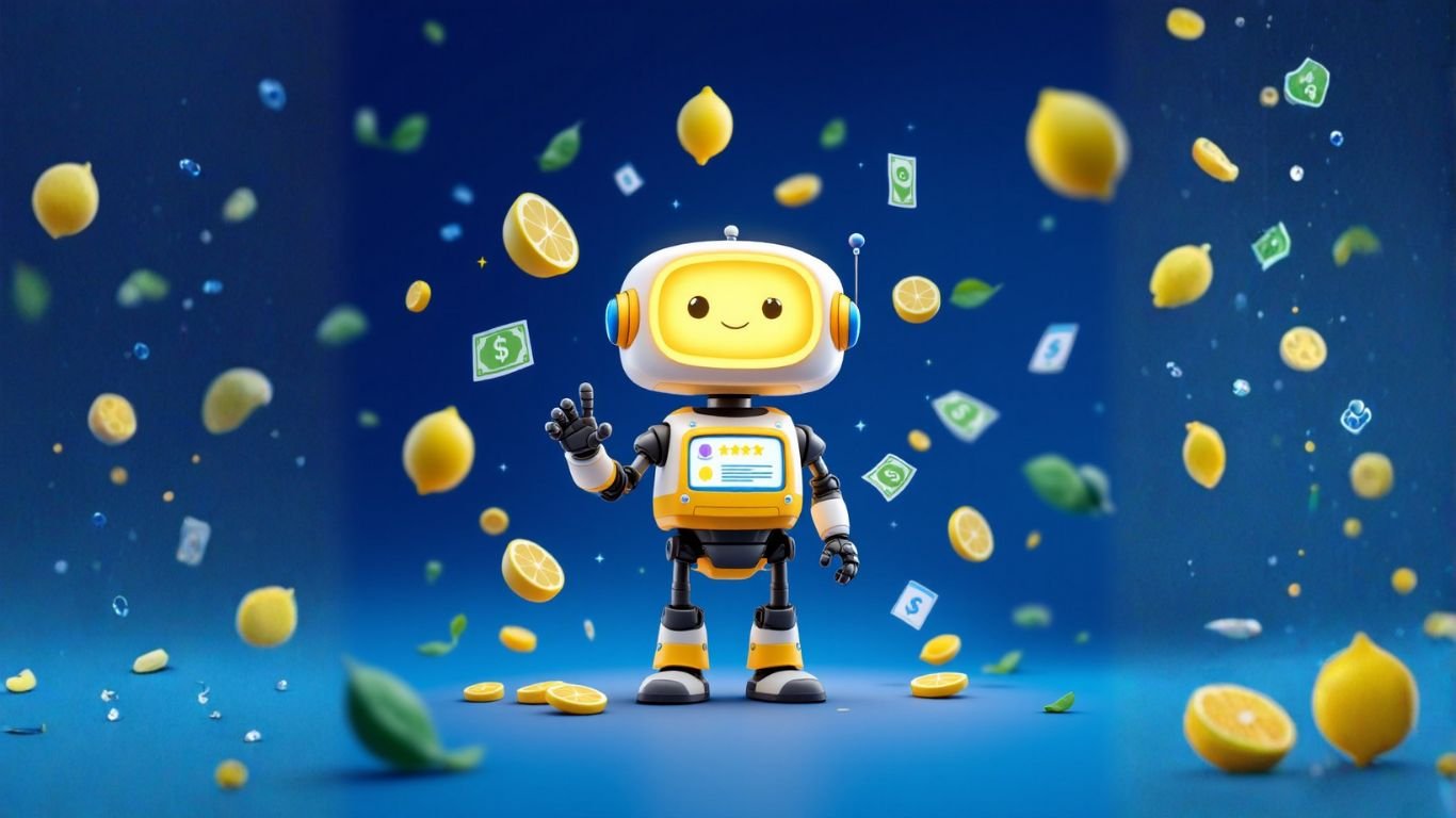 Smiling robot surrounded by lemons, leaves, and money symbols on a blue background, symbolising how to monetize AI workflow in a fun, creative way