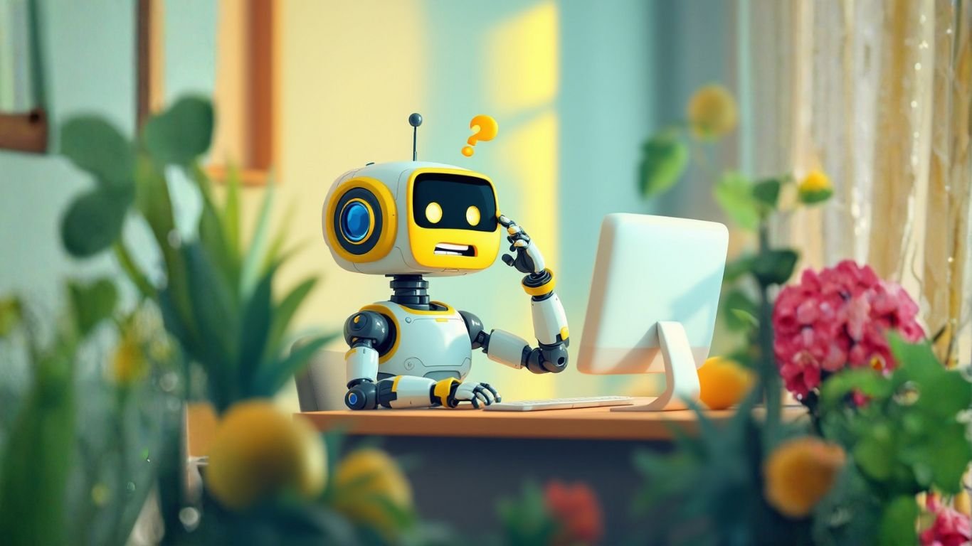 Confused robot at computer, symbolising user errors illustrating how to prevent AI mistakes in everyday tech use