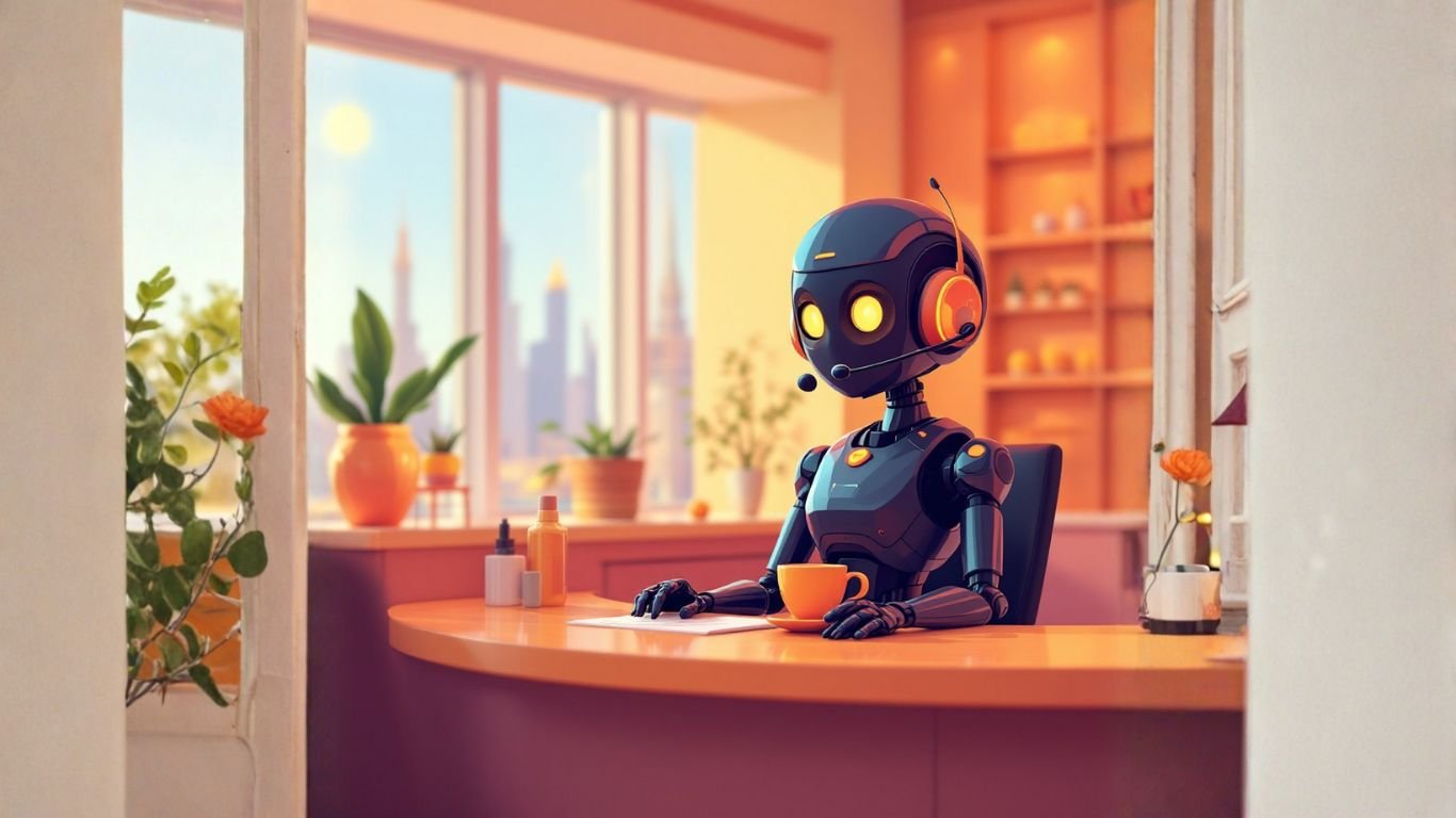 A friendly robot with a headset sits at a sunny desk, symbolising how a multi-agent AI helpdesk can scale and automate customer support operations