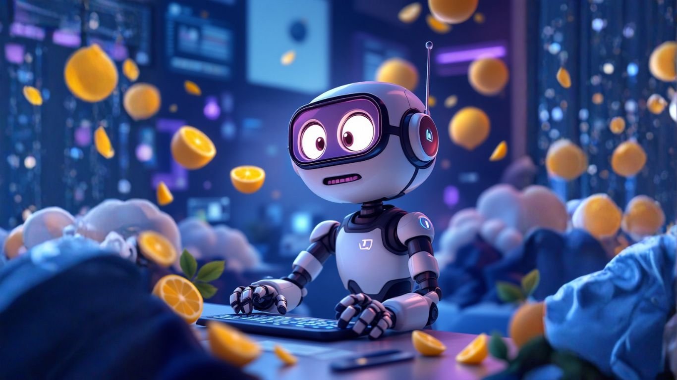 Robot at computer surrounded by lemons, symbolising efforts to troubleshoot onboarding and setup issues in a confusing tech environment