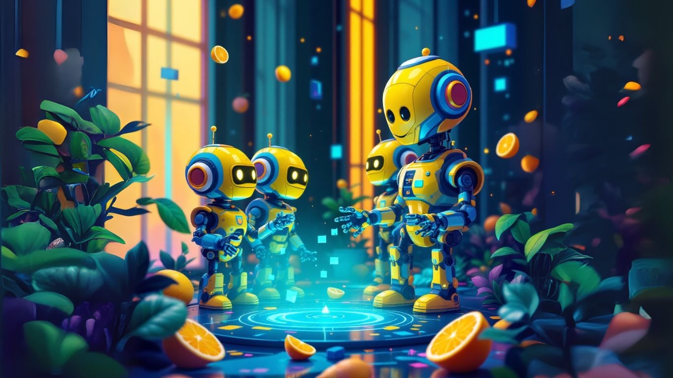 Cute yellow robots using affiliate marketing AI tools in a vibrant digital garden with holograms, oranges, and futuristic ambient lighting