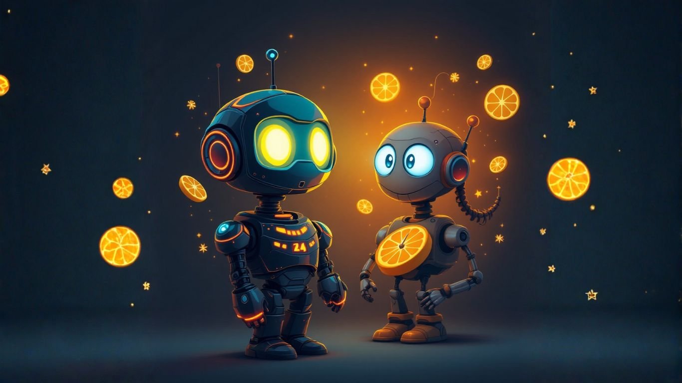 Two glowing robots symbolising a lead generation chatbot working 24/7, representing smart, automated marketing for solo marketers