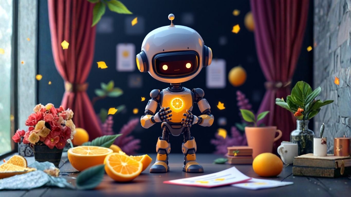 Cute robot holding an orange stands on a desk with scattered papers and fruits, symbolising an AI planning assistant organising a chaotic to-do list