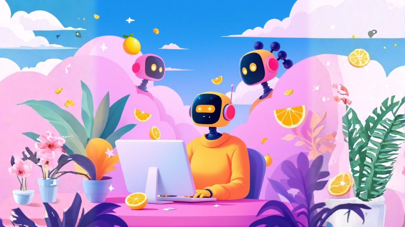 A friendly AI chatbot with a robot head using a laptop in a colourful workspace reflecting a unique brand voice