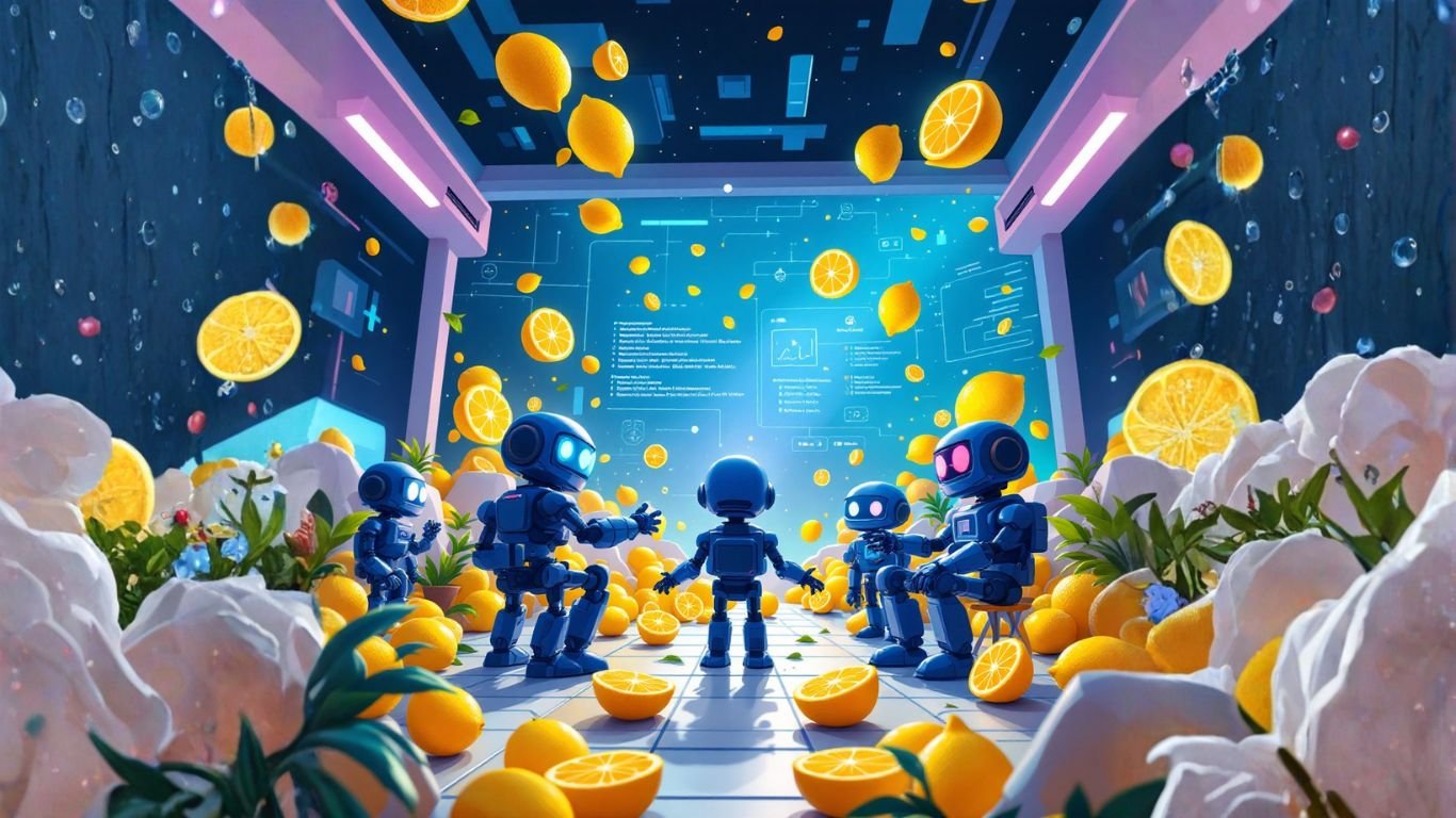 Small robots discuss AI amidst floating lemons in a futuristic lab, symbolising the disruptive impact of LLM fragmentation on modern business strategy